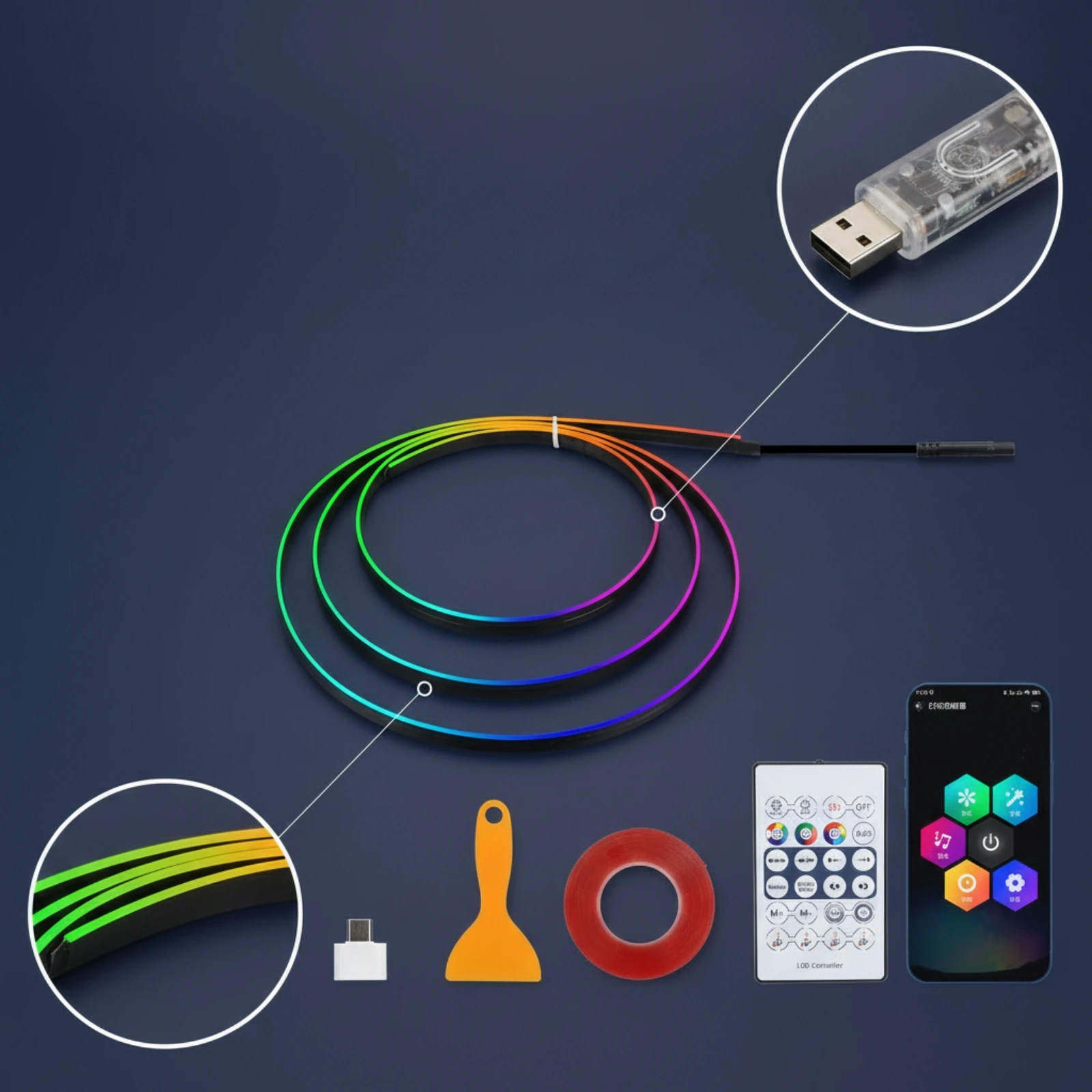 Car Ambient Lighting Kit Concealed Acrylic Neon Strip Lights Car Interior Lights Slim for Drivers, Dashboard, Center Console view 3
