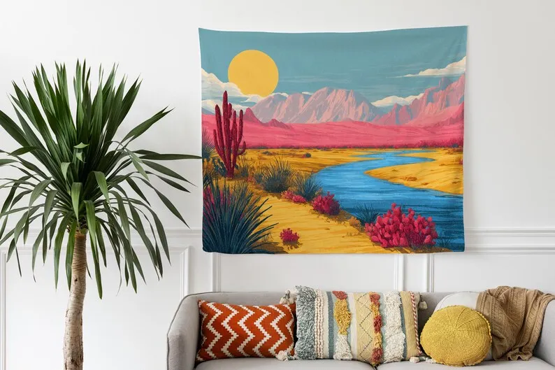 Desert river tapestry landscape art cactus mountains sunset scene boho wall hanging nature decor southwestern style mural