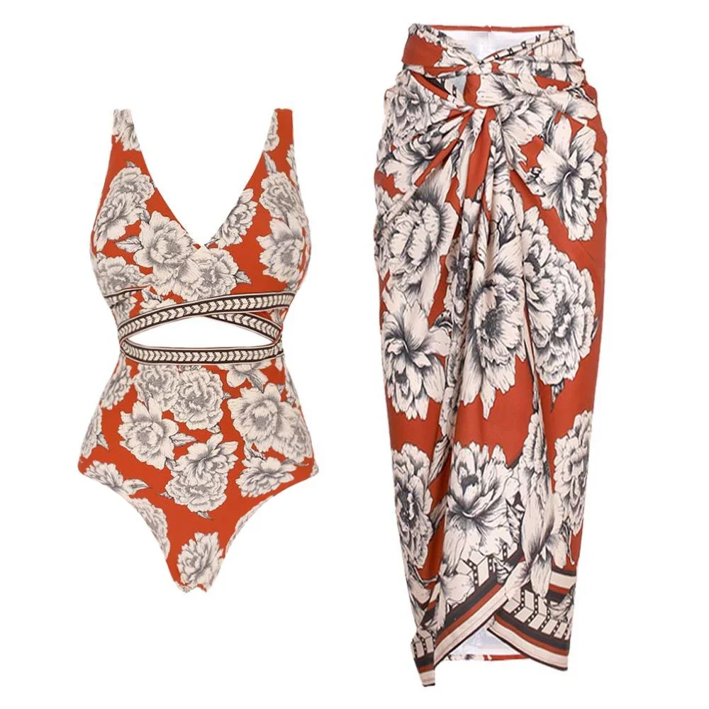 Flachs maker Pfingstrose gedruckt einteiligen Badeanzug und Sarong Frauen Beach wear Luxus Badeanzug