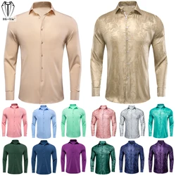 Hi-Tie Jacquard Mens Shirts Long Sleeve Slim Lapel Dress Suit Shirt Casual Blouse Yellow Blue Mint Pink Purple Green Brown