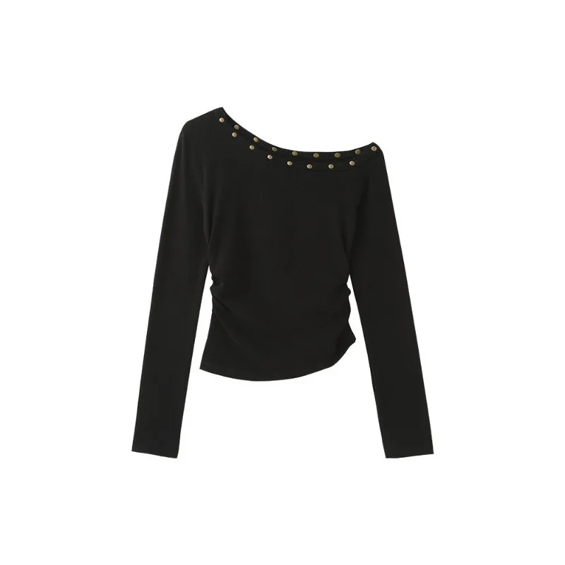 T-shirt a maniche lunghe con spalla inclinata con borchie Top aderente da donna in stile americano