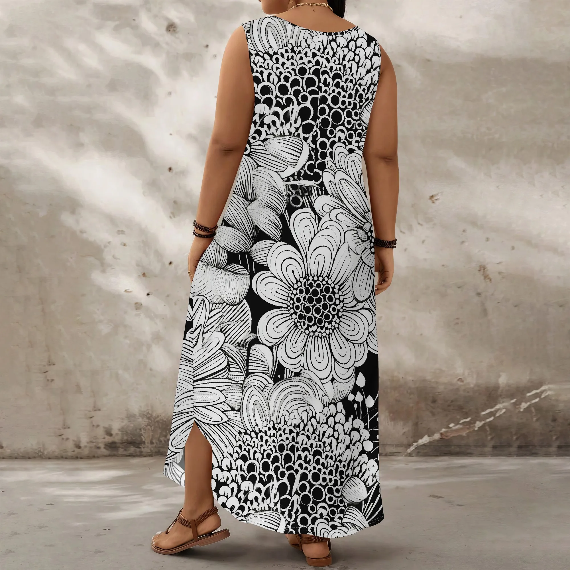 Vestido maxi floral preto e branco para mulheres, vestido longo solto sem  mangas com bolso, verão, praia, plus size, vestidos de férias / Roupas plus  size, image size:2000x2000