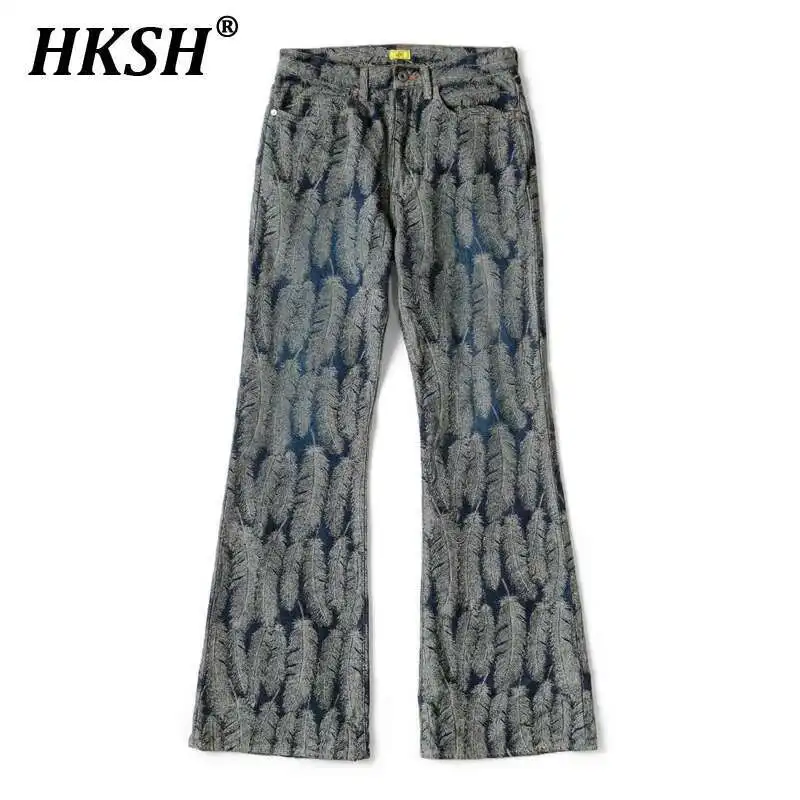 

HKSH Men's New Japanese Tide Punk Casual Jacquard Feather Jeans Women's Flared Loose Chic Fashion Versatile Denim Pants HK3295