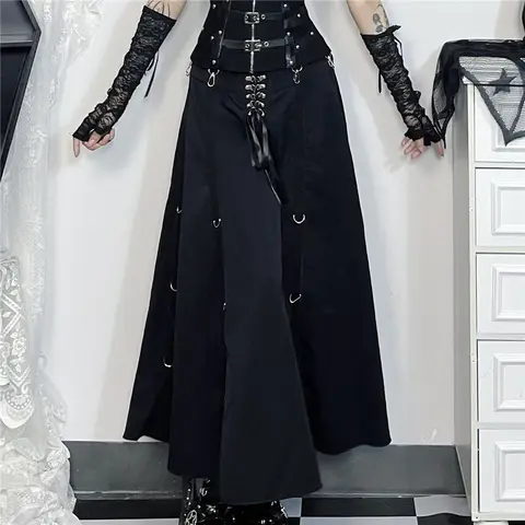 Goth Dark Acubi Fashion Black Swing A-line Skirt Punk Grunge Metal Buckle Streetwear Bandage Skirts Mall Gothic Alt Clother