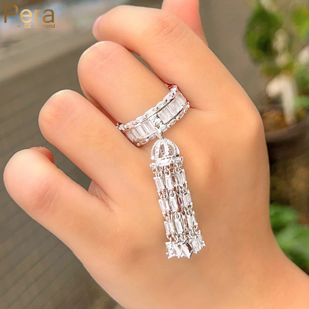 Pera Unique Long Tassel Square Drop CZ Zircon Statement Fringed Finger Rings for Women Bridal Wedding Jewelry Accessories R179