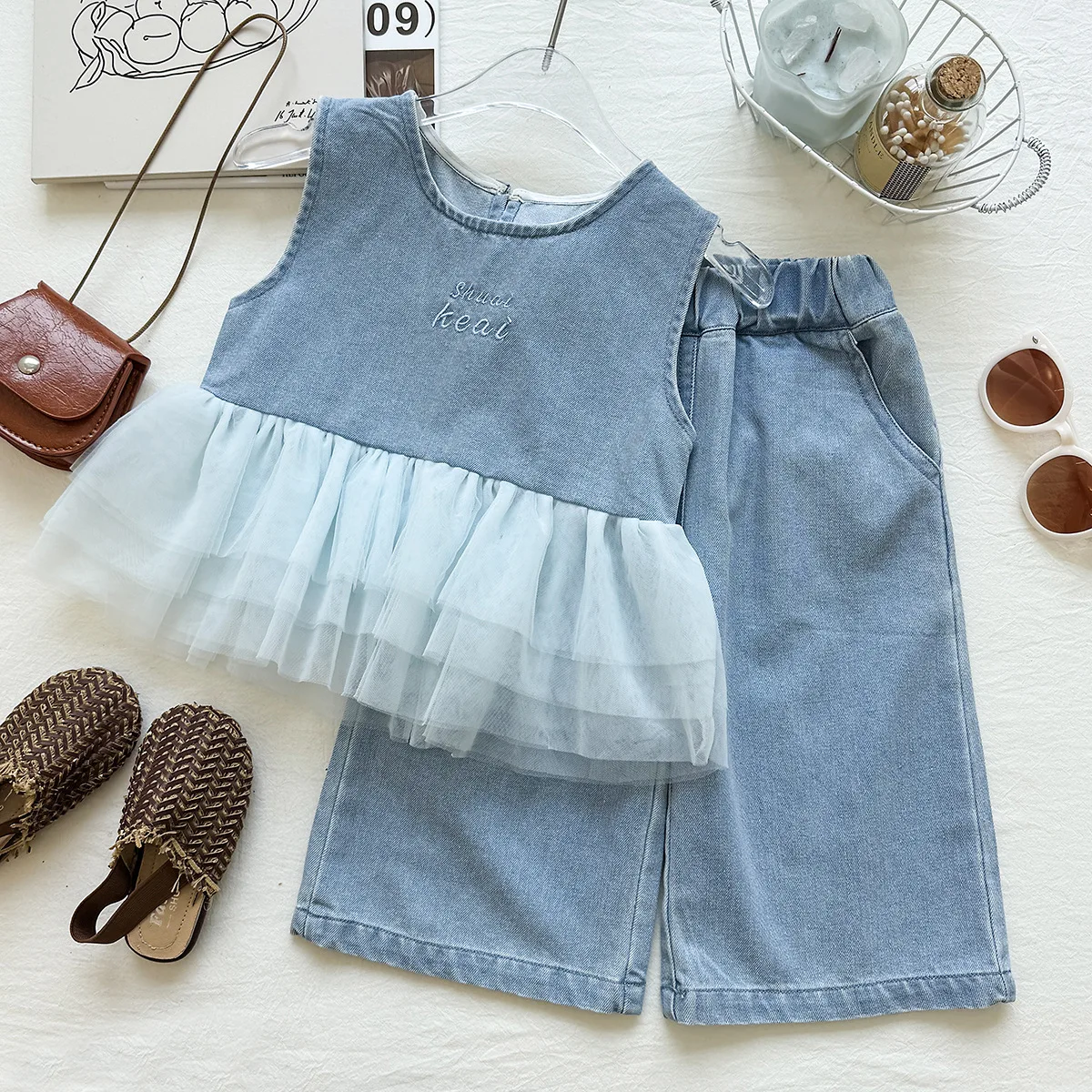 2026 Summer Girls' Set Mesh Splicing Cowboy Tank Top Wide Leg Pants Baby Wash Soft Cowboy Two Piece Set