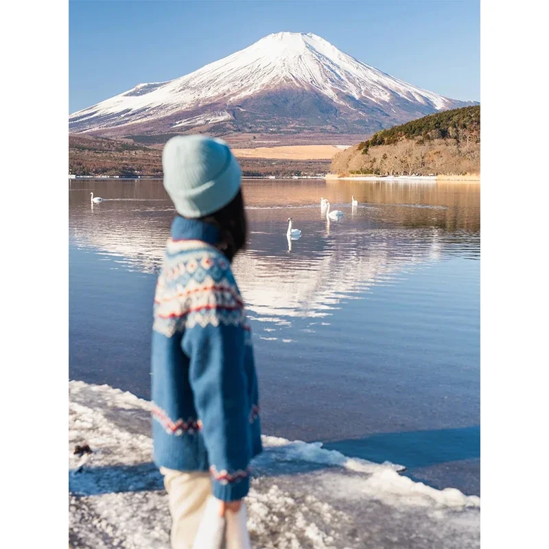 여성용 빈티지 프린트 니트 가디건, 일본 하라주쿠 스웨터, 겉옷, 겨울 미학적 긴팔 점퍼, 한국 니트웨어