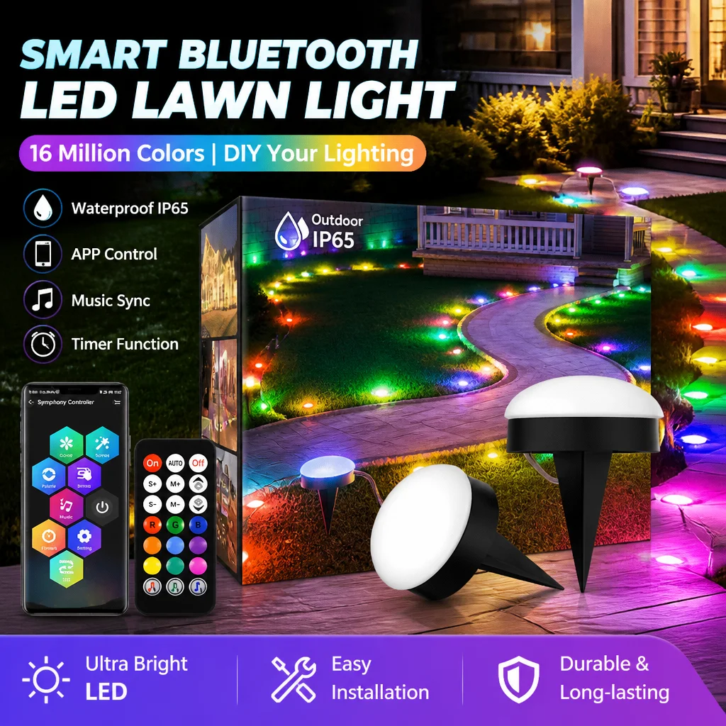 RGB LED Ground Plug Lights IP65 Waterproof Bluetooth APP Remote Control Garden Pathway Lawn Landscape Lamp