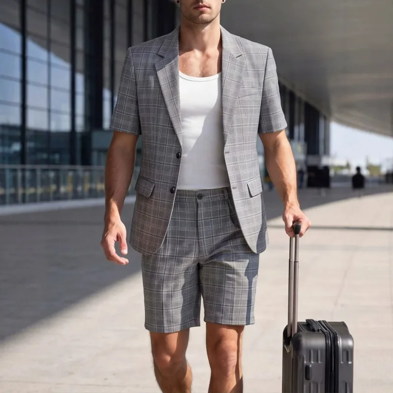 

KIDWHXR Men Summer Suit Outfit British Style Plaid Short Sleeve Male 2-piece Set Loose Comfortable Business Casual Man Suits
