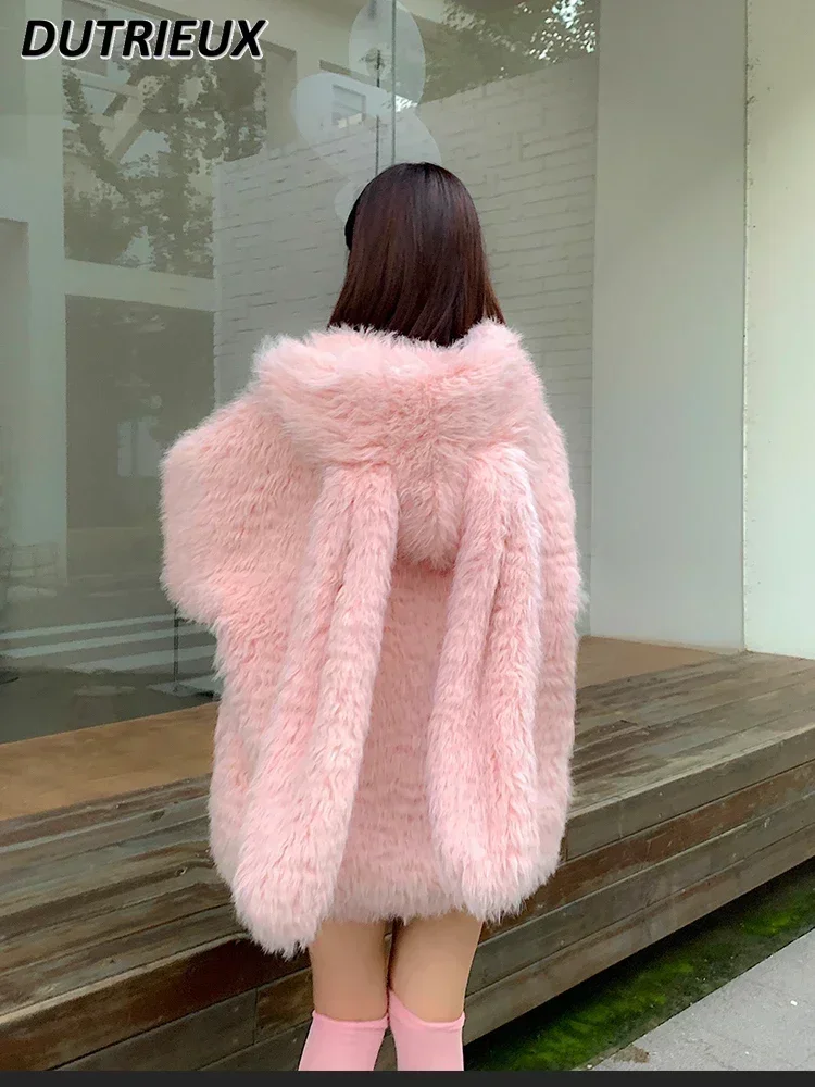 Imitation Lamb Wool Fur Coat for Women 2023 Autumn and Winter New Eco-friendly Cute Rabbit Ears Loose Thick Furry Jacket