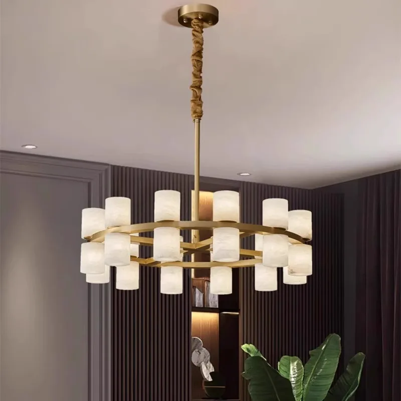 Modern light luxury all-copper chandelier natural marble living room headlight