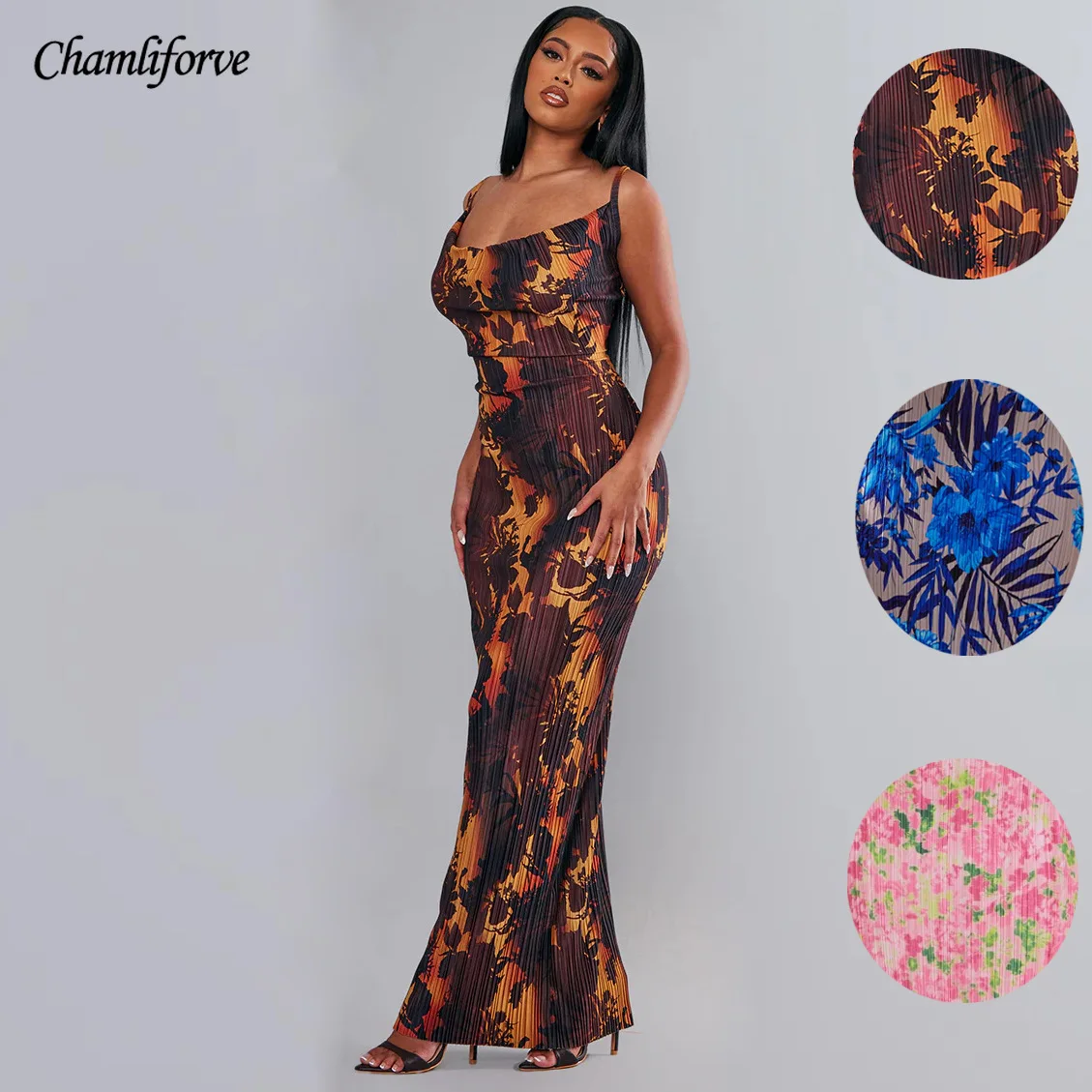 

Chamliforve 2023 Summer Women Sexy Dress New Print Pleated Slimming Halter Dress Maxi Dresses for Women Birthday Party Nightclub