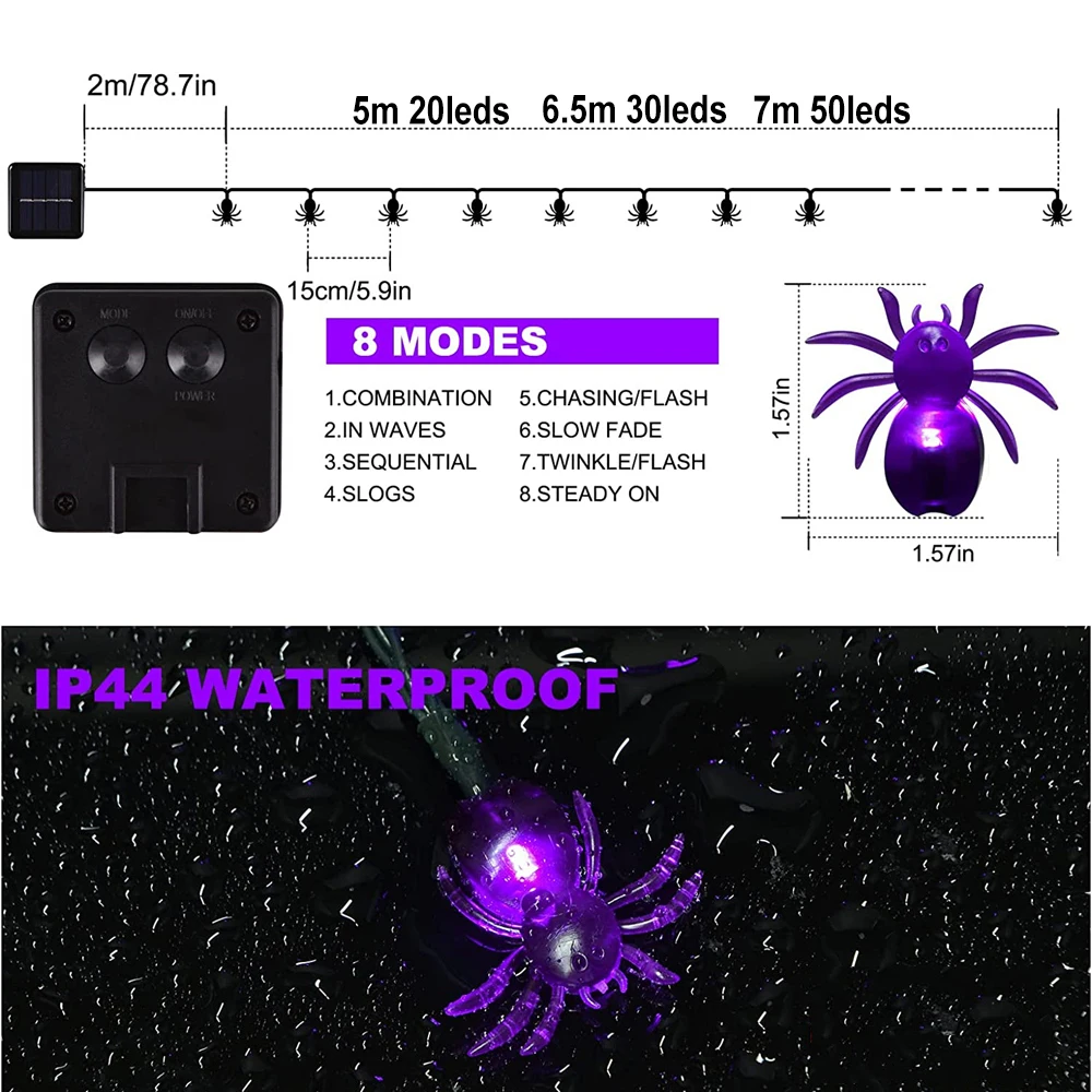 50/30/20leds Solar Spider Lights String Halloween Purple Spider Lights for Christmas New Year Party Garden Courtyard Wall Decor