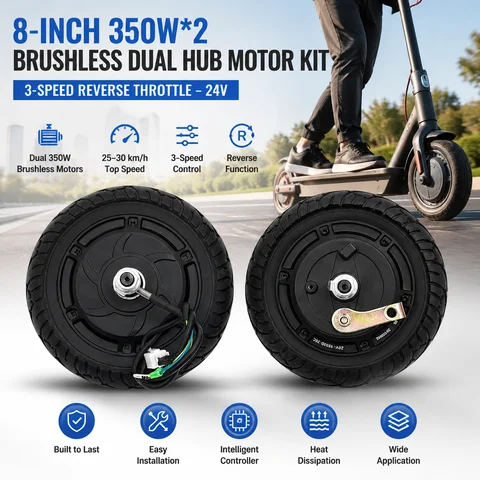 24V 8 Inch 350Wx2 Brushless Dual Drive Electric Scooter Hub Motor Kit Electric Conversion Motor Kit Motor Conversion Kit with Reverse Throttle 3-Speed Handlebar Controller for DIY Scooter Go Kart Wheelchair E-Bike Upgrade Parts