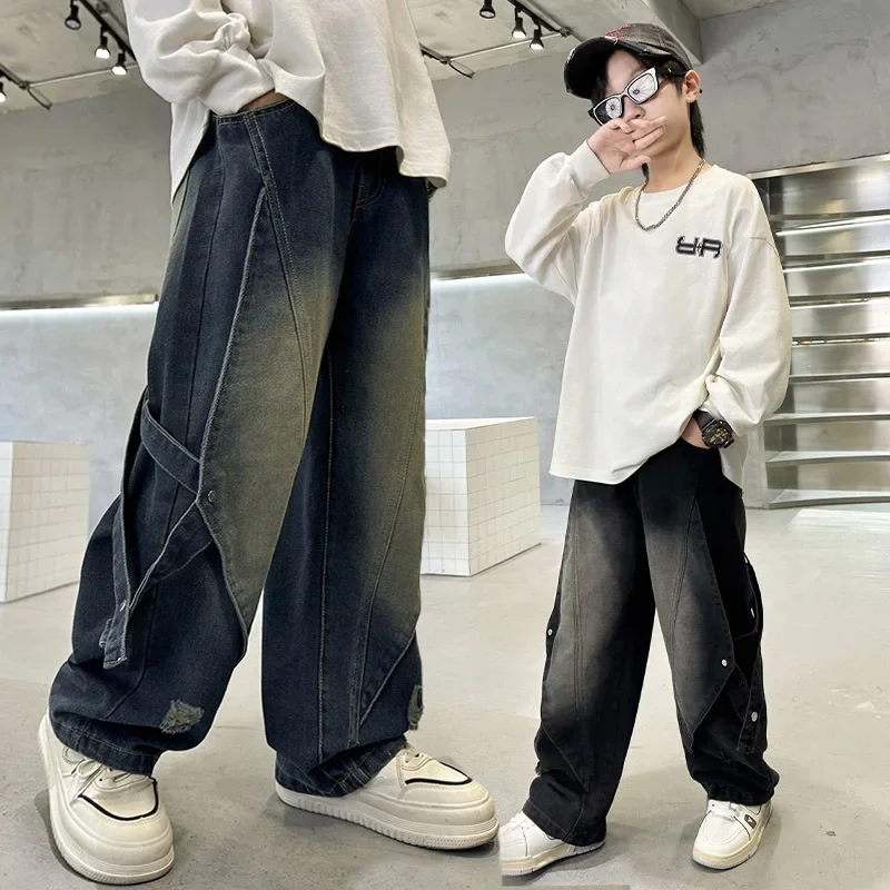 

Джинсы прямого кроя для мальчиков, повседневные брюки для подростков 5-14 лет, осенние широкие брюки с мультифункциональным дизайном и пуговицами для старших детей, с рисунком