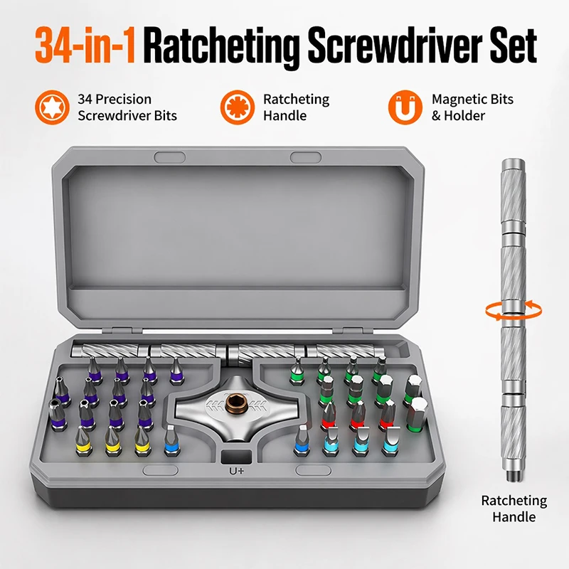 Alloy Steel Bits & Magnetic Handle with Ratchet Screwdriver Set 34-in-1 Multifunctional Professional for Home Appliance Repair