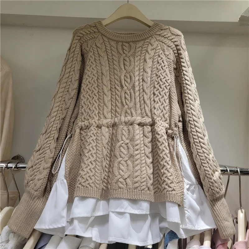 

SuperAen Twist Sweater Splicing Shirt Women's Design Fake Two-piece Waist Drawstring Loose Pullover Knitted Sweater