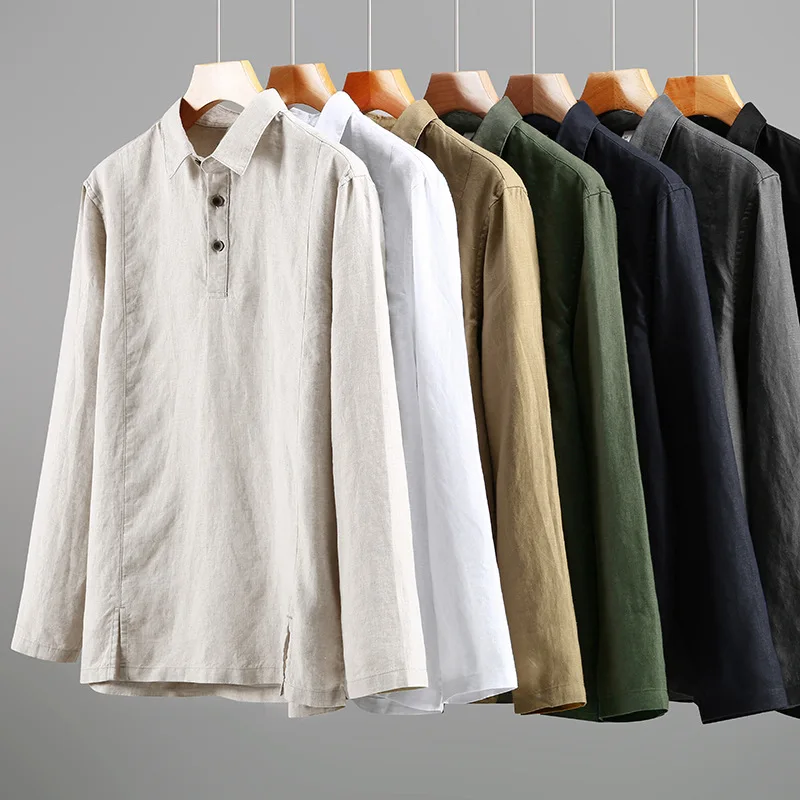 100% Linen Premium Men's Casual Shirt Chinese Style Spring Autumn Long Sleeve Loose Thin Solid Color Simple Basic Pullover Tops