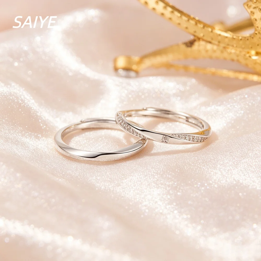 Couple Rings Set 925 Sterling Silver Twist Promise Rings for Women Men Adjustable CZ Wedding Band Jewelry
