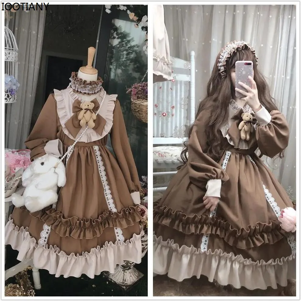 Primavera japonesa kawaii lolita vestido menina cosplay roupas femininas bonito arco urso renda vestido azul manga longa vestido de princesa 2025