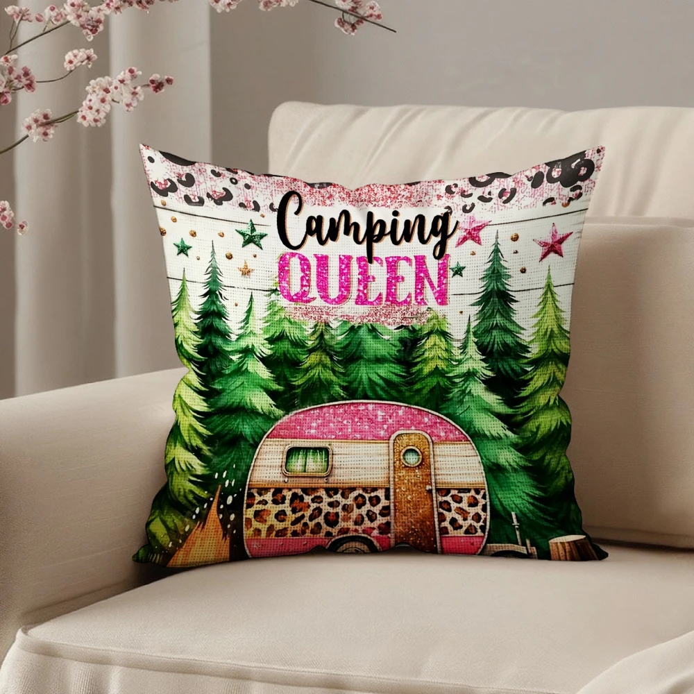Square Throw Pillow Case Multicolor Camping Queen Text With Pink Leopard Camper Van And Green Pine Forest Print For Sofa Bedroom
