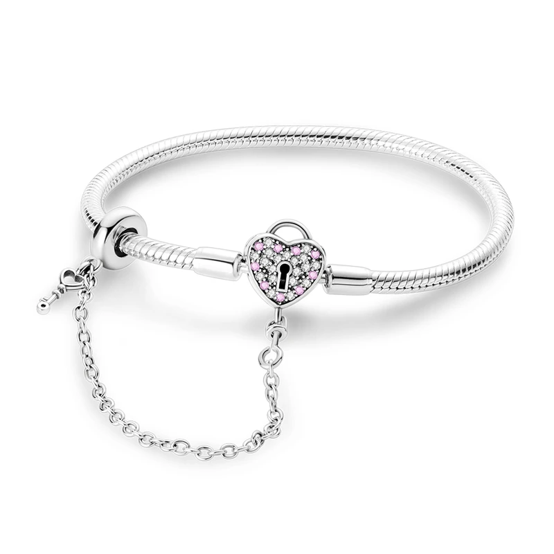 Original Armband aus 925er Sterlingsilber, Charm-Armband, 17–20 cm, goldenes Herz, Liebes-Schlüssel-Kleeblatt-Armband, Armreif, Damenschmuck, Geschenk