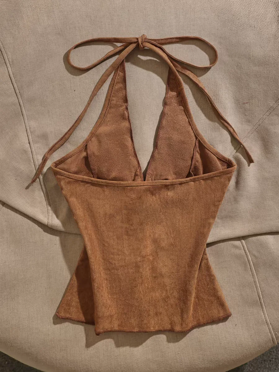 Vintage Y2k Fringe Halter Tank Top 2026 Summer V Neck Tie Up Sleeveless Sexy Backless Suede Women's Club Top for Desert Vacation