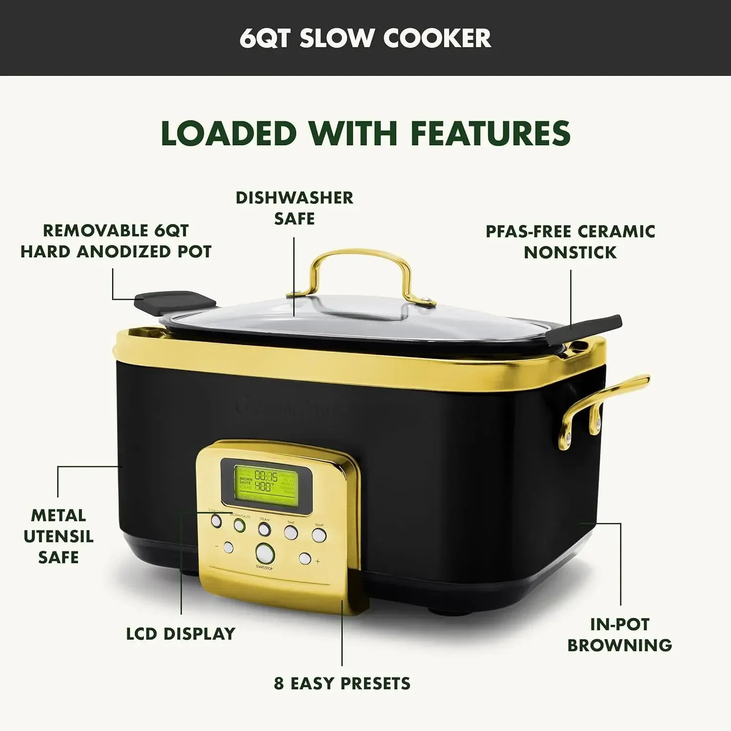 GreenPan Elite Reserve 6QT elektrische slowcooker, programmeerbaar vaatwasmachinebestendig deksel en verwijderbare pot, PFAS-vrij, gezond keramiek