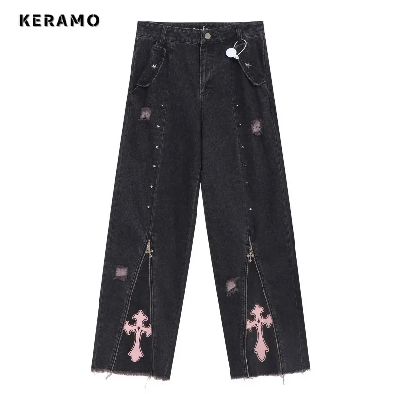 Hotsweet Vintage High Waist Straight Emo Jeans Women\'s Casual Zipper Pants Baggy Y2K Wide Leg Grunge Gothic Street Denim Trouser