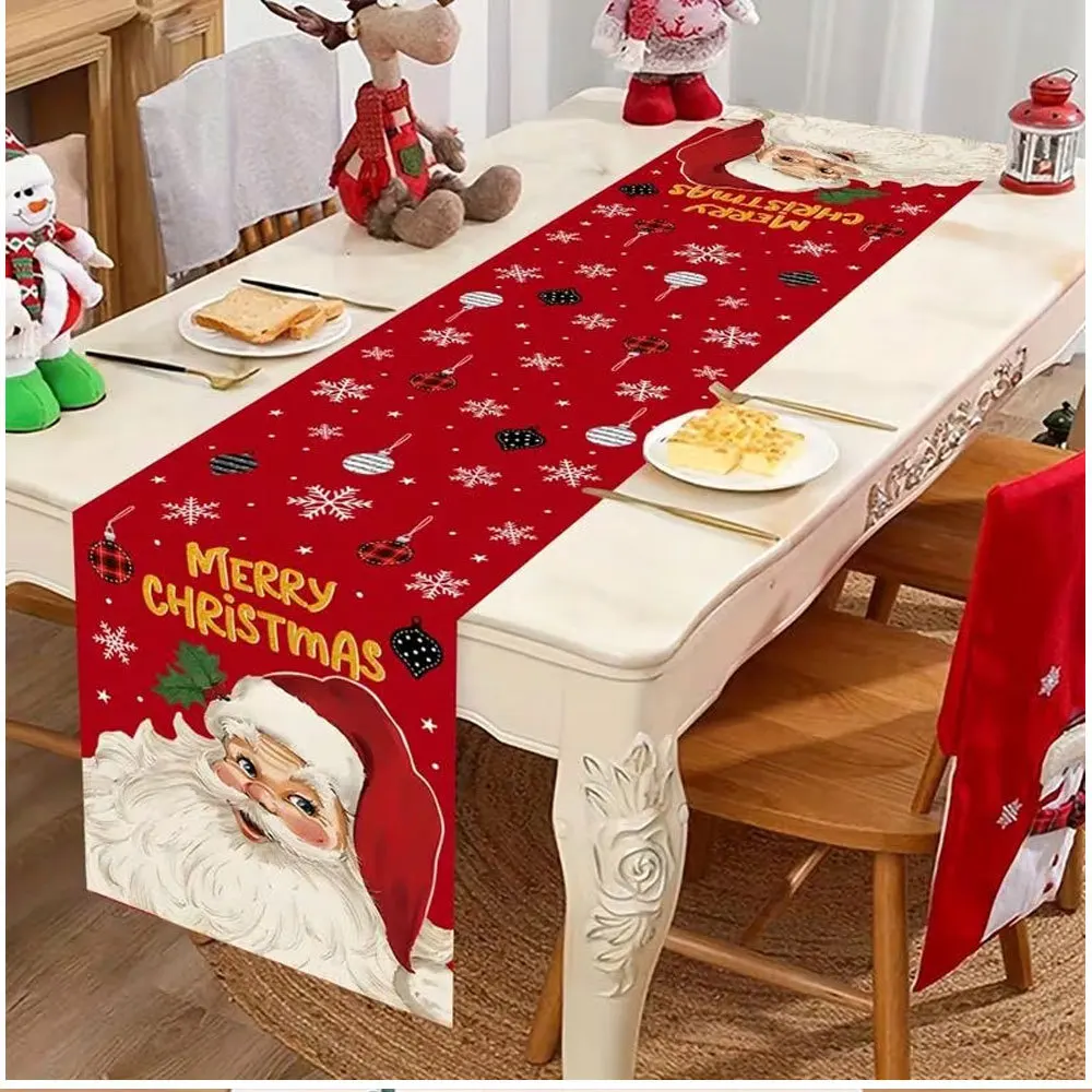 Linen Table Runner Poinsettia  Gold Bauble Garl in Off White with Red Borders Christmas Tabletop Centerpiece