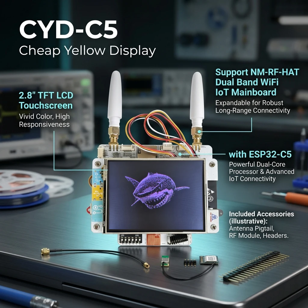 NM-CYD-C5 New Cheap Yellow Display with 2.8″ TFT LCD Touchscreen with ESP32-C5 Support NM-RF-HAT Dual Band WiFi IoT Mainboard