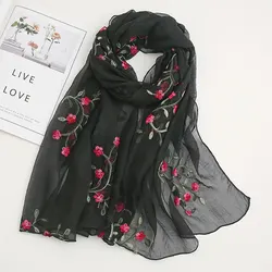 Fashion Floral Embroidery Chiffon Scarf Women Muslim Hijab Headscarf Soft Wraps Headband Summer Sunscreen Shawls180*75cm