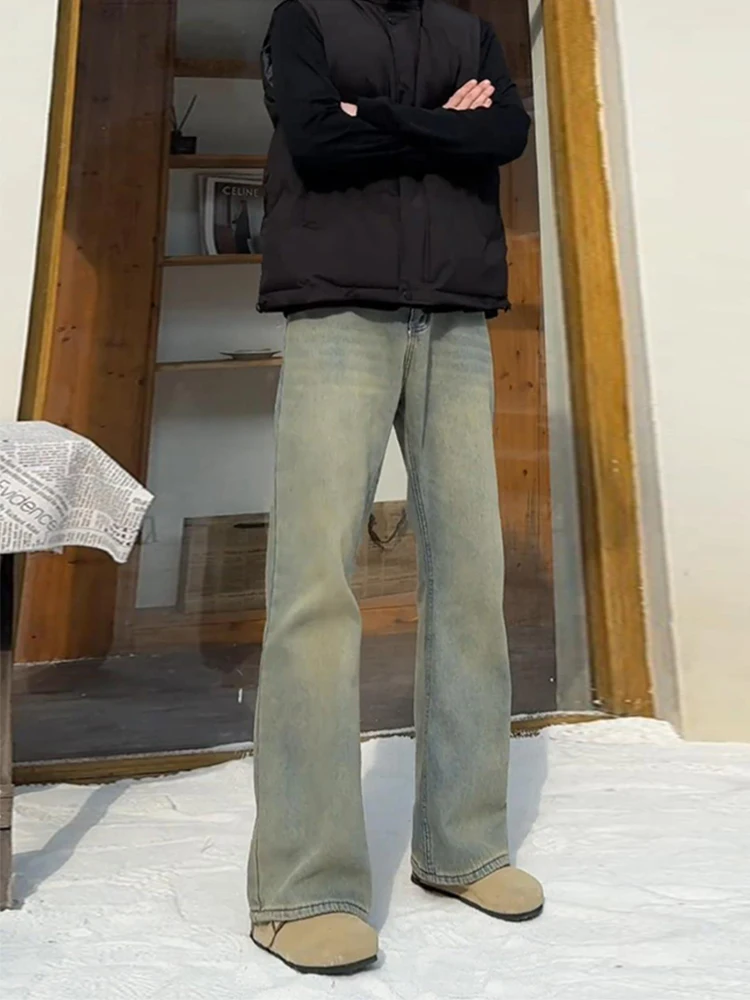 

Винтажные мужские джинсы-клеш с начесом, осенне-зимние, с эффектом потертости, прямые, в американском стиле, из смесового хлопка и полиэстера