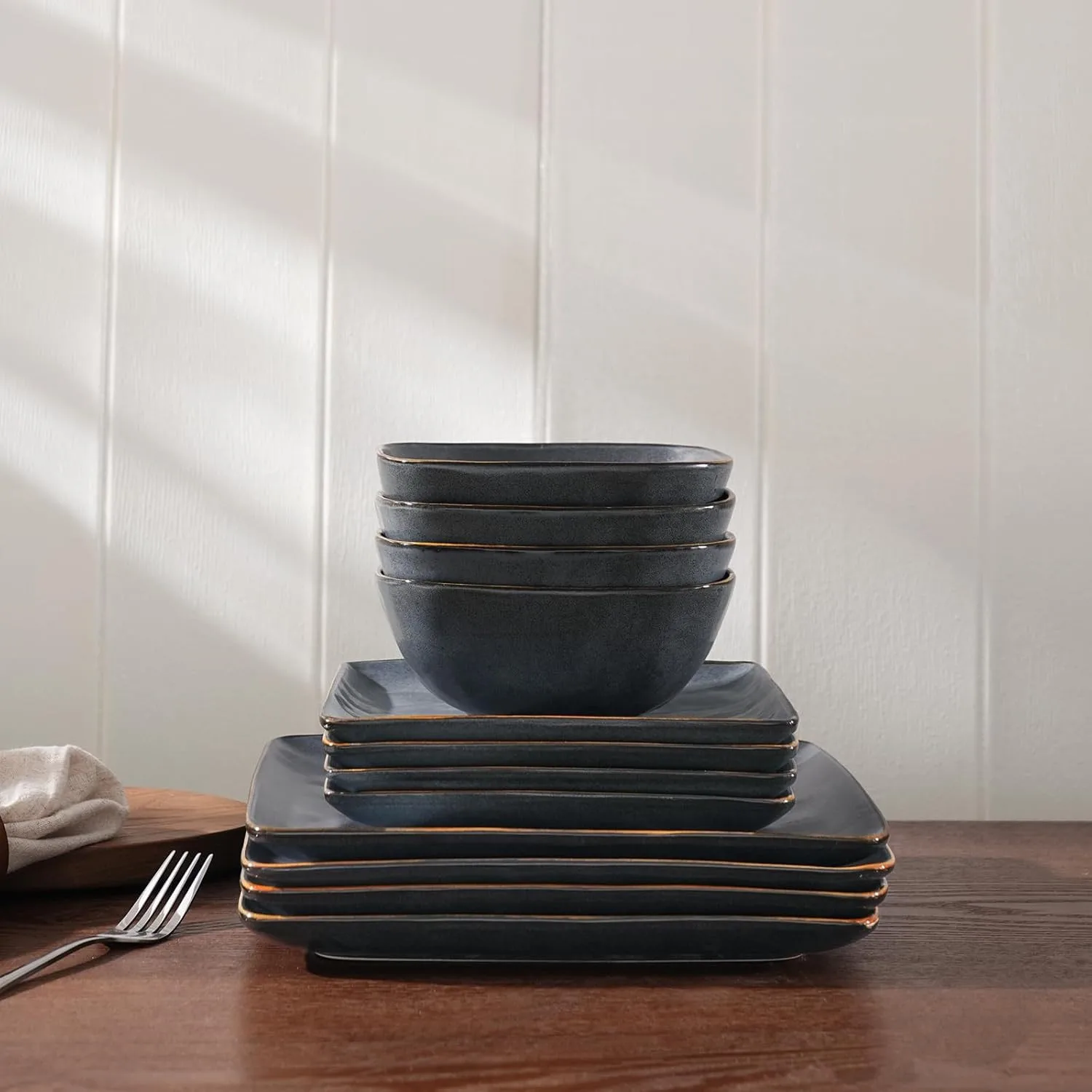 طقم أدوات مائدة سيراميك مكون من 12 قطعة طقم أواني طعام تتسع لـ 4 أشخاص بتصميم مربع وأطباق وأوعية آمنة للميكروويف مثالية للحديث #4