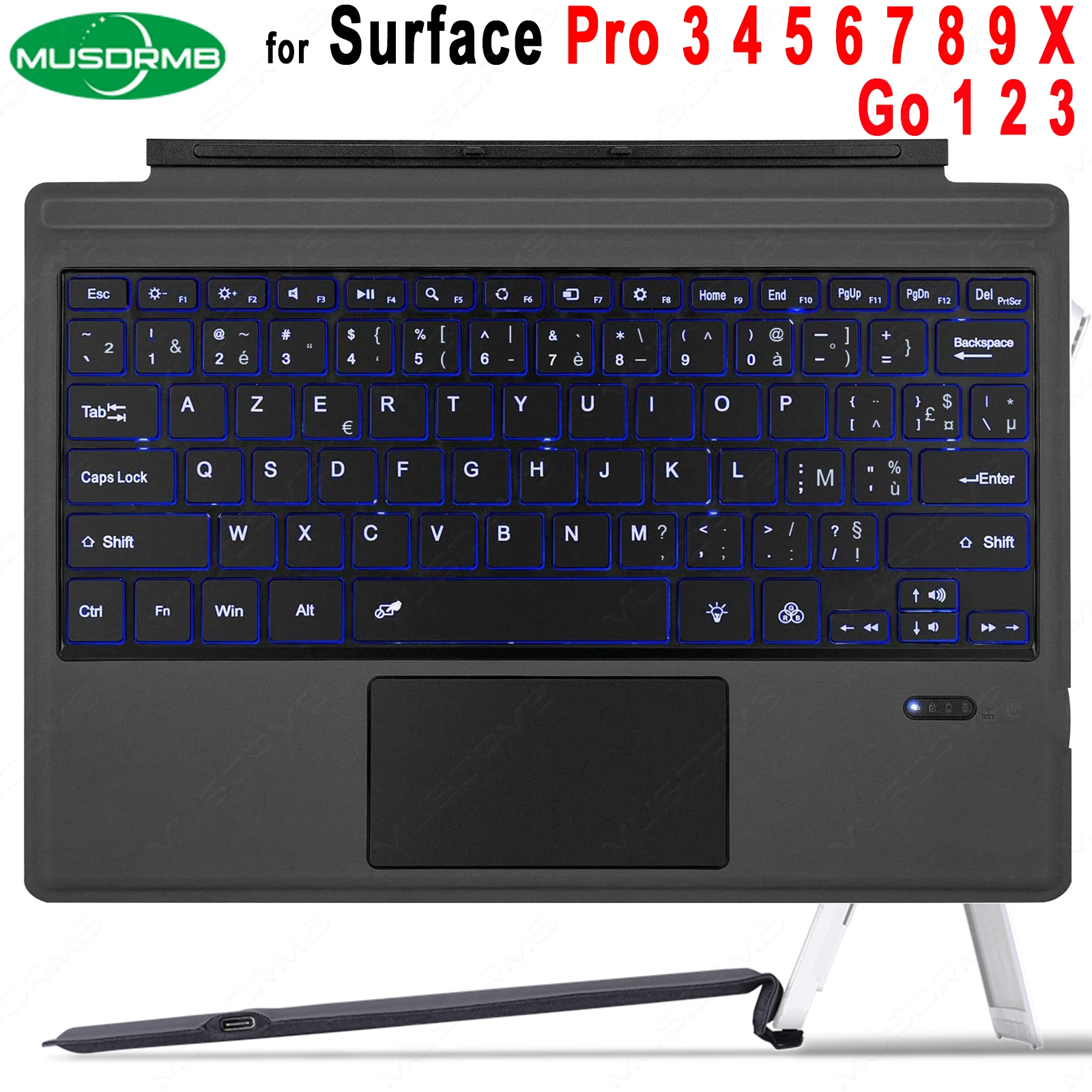 Clavier rétroéclairé pour Microsoft Surface Pro 3 4 5 6 7 8 9 X Go 1 2 3 Trackpad Clavier Magnétique Sans Fil Français AZERTY
