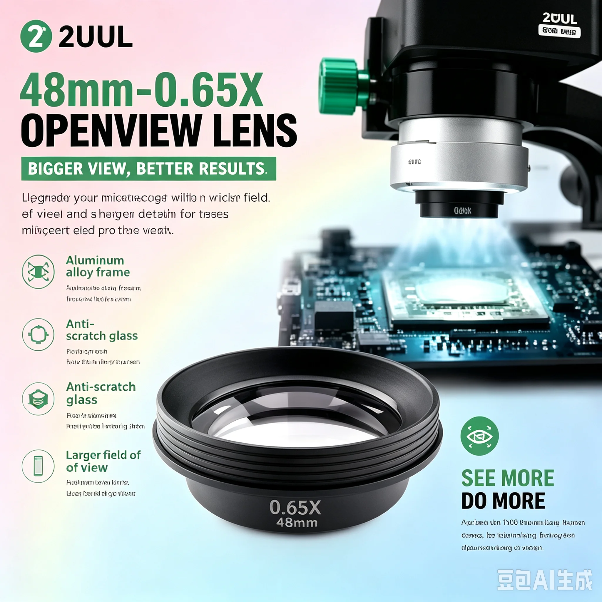 Objectif 0,65X OpenView 2UUL (filetage de 48 mm, ne bloque pas la source de lumière) ; convient aux microscopes stéréoscopiques trinoculaires.