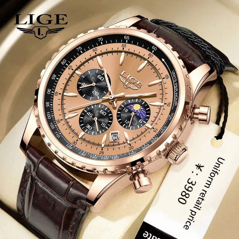 LIGE Luxury Men Quartz Watch Rose Gold Case Moon Phase Chronograph Calendar Brown Leather Strap Business Sports Male Wristwatch