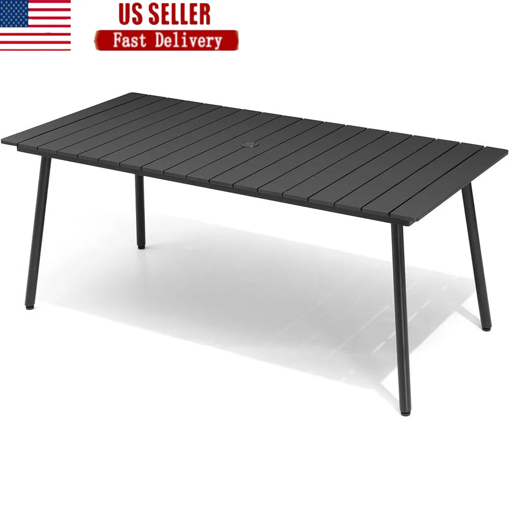 Outdoor Dining Table 70 Inch Rectangular Patio Table with Wood Like Top Aluminum Frame Umbrella Hole Waterproof Easy Assembly