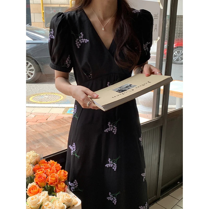 Ele V-ne Bubble Sve Dr Mujer Retro Cintura haciendo bordado floral Trabajo pesado Largo Dr Coreano Sle Commute