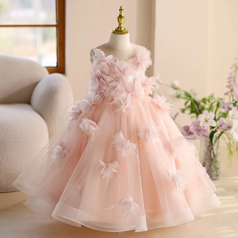 LJW Pink flower girl wedding dress long tulle elegant bridesmaid costume catwalk piano performance costume summer girl costume