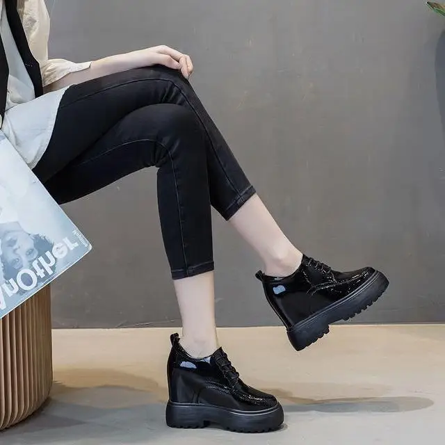 

Elevated Thick Bottomed Leatherette Flats 11cm Heightening Cute Style Casual Shoes round Toe Flat Heel Daily Wear
