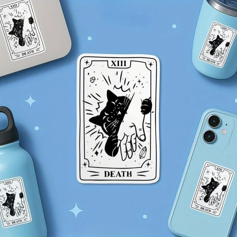 ملصق THALO Death Card Black Cat - ديكور قوطي مقاوم للماء من الفينيل قابل لإعادة الاستخدام #1