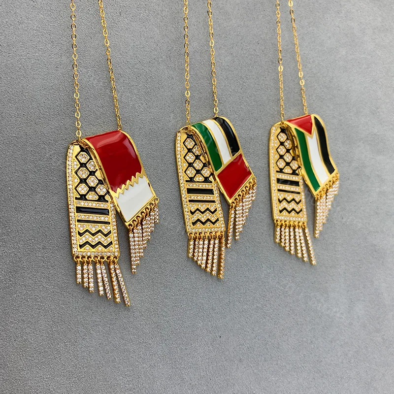 Stainless Steel Keffiyeh Zircon Pendant Necklaces United Arab Emirates Qatar Jordan Scarf Shape Map Chain Jewelry
