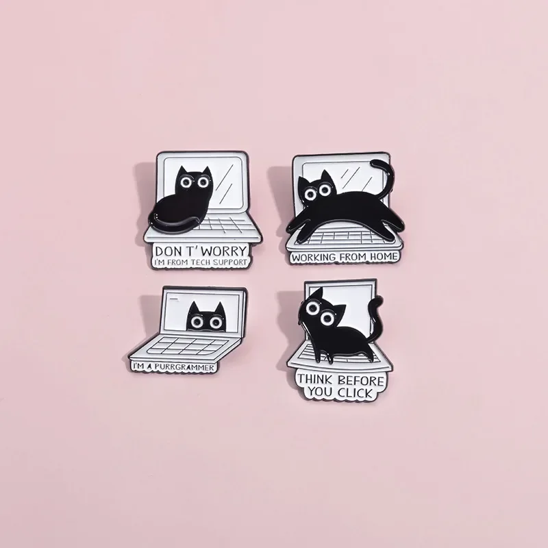 Cartoon Black Cat Brooch Enamel Pins Creative THINK BEFORE YOU CLICK Lapel Backpack Badges WORKING FROM HOME Jewelry Wholesale