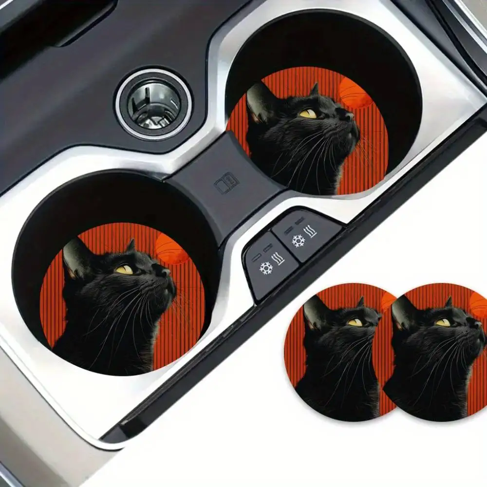 Red Sun And Black Cat Car Coasters Dark Comic Style Aesthetic Auto Decor Hallowmas Valentine Gift