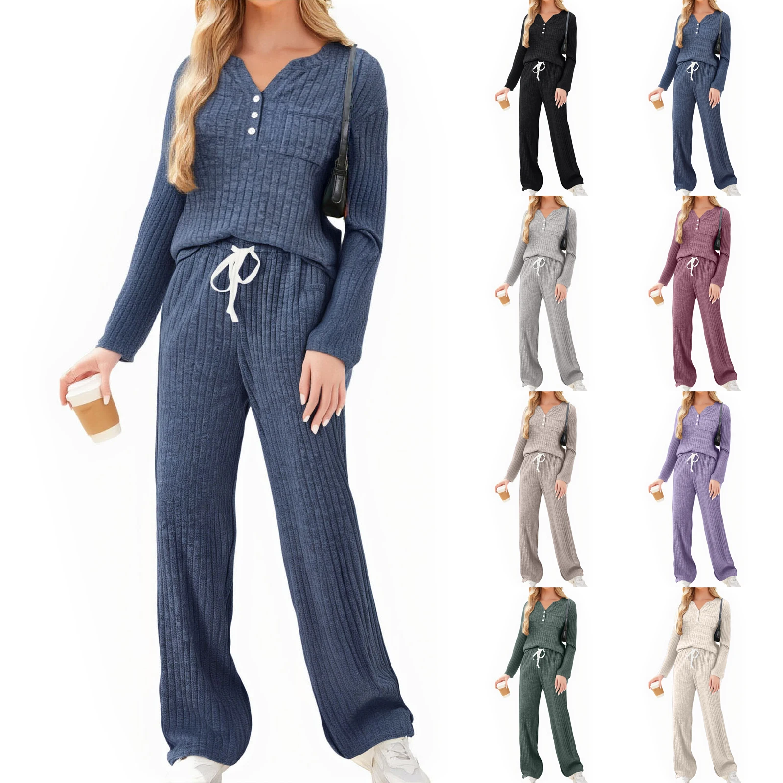 2 قطعة مجموعة المرأة محبوك ملابس خاصة غير رسمية مجموعة الخريف نمط جديد مريح السراويل الطويلة القطن مزيج البوليستر دنة مزيج #1