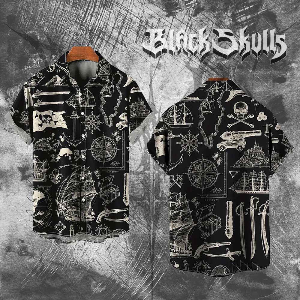 

Dark Style Skull Pattern Shirt Street Trend Hip Hop Y2k Clothing Personality Unisex Summer Breathable Lapel Short-sleeved Shirt