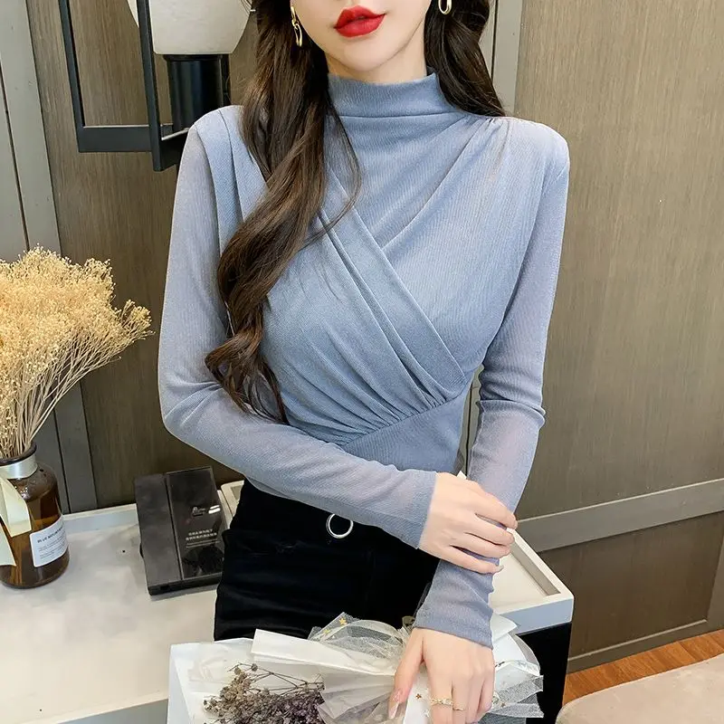 Black Women's Long Sleeve T-shirt Turtleneck Top Female Mesh Autumn Winter Sale 2025 High Quality Youthful Clothes Elegant Basic