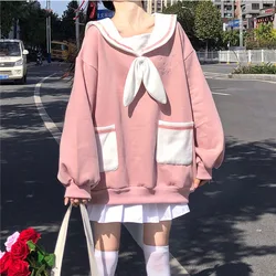 女性のための日本のプレッピースタイルのカジュアルなスウェットシャツ,蝶ネクタイ付きの服,セーラーの襟,刺clothes