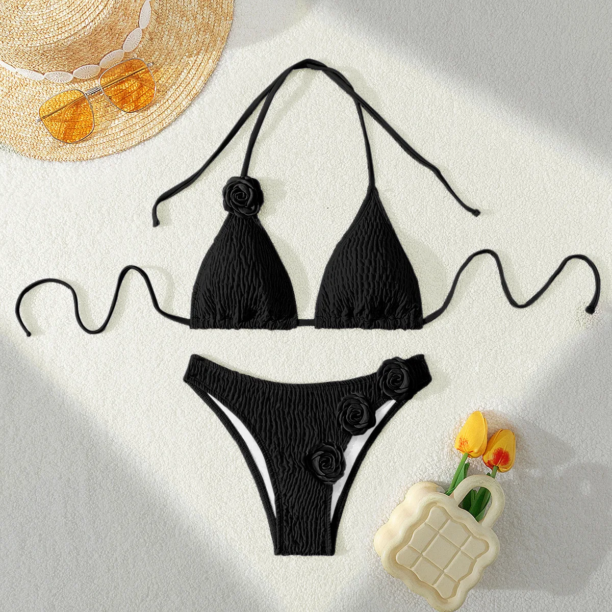 Sexy 3D Flowers Halter Strappy Bikini 2024 Women Swimwear Female Swimsuit Two-pieces Bikini set Bather Bathing Suit Swim